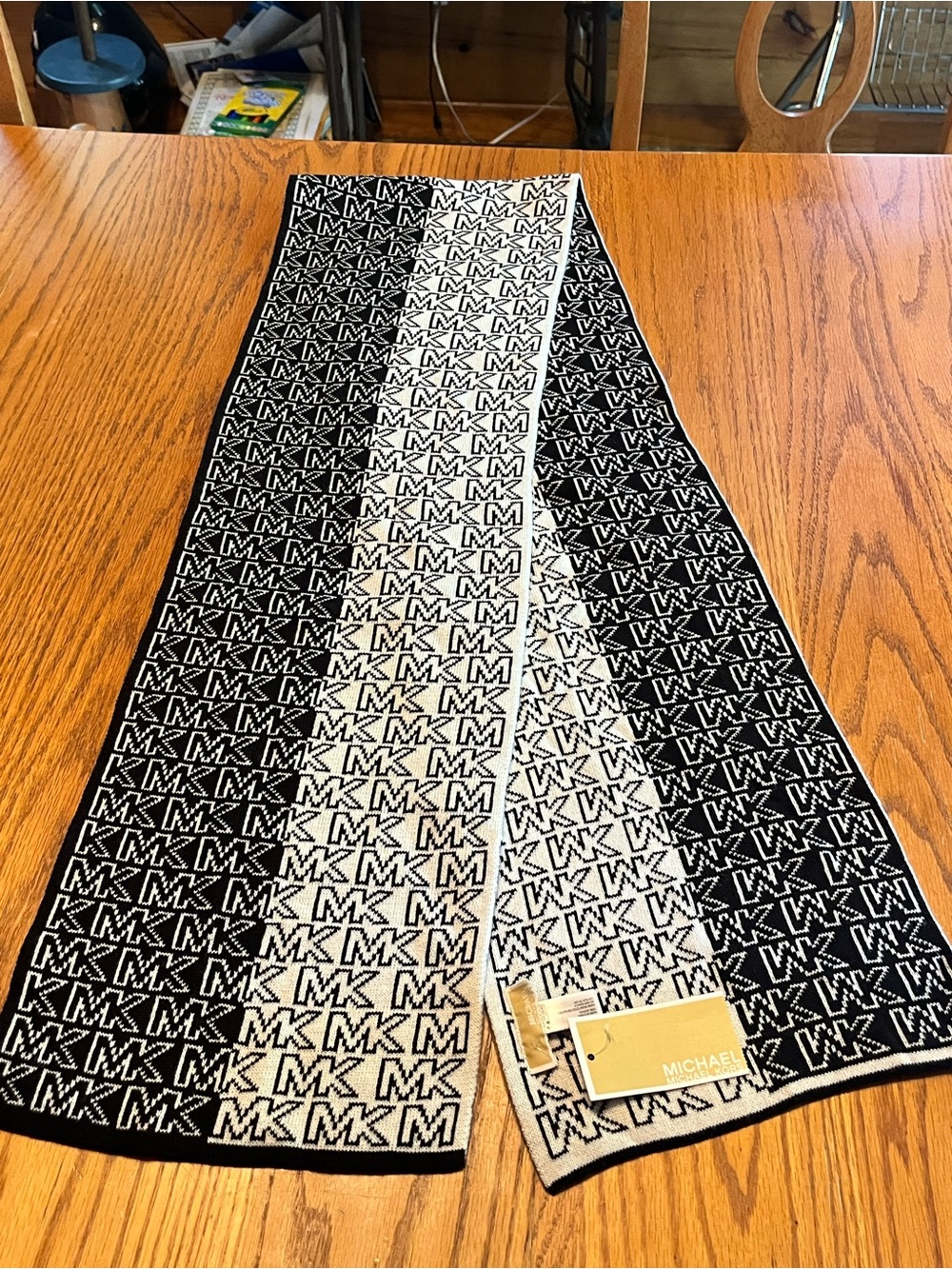 Michael Kors Black & Cream MK Logo Reversible Scarf NWT